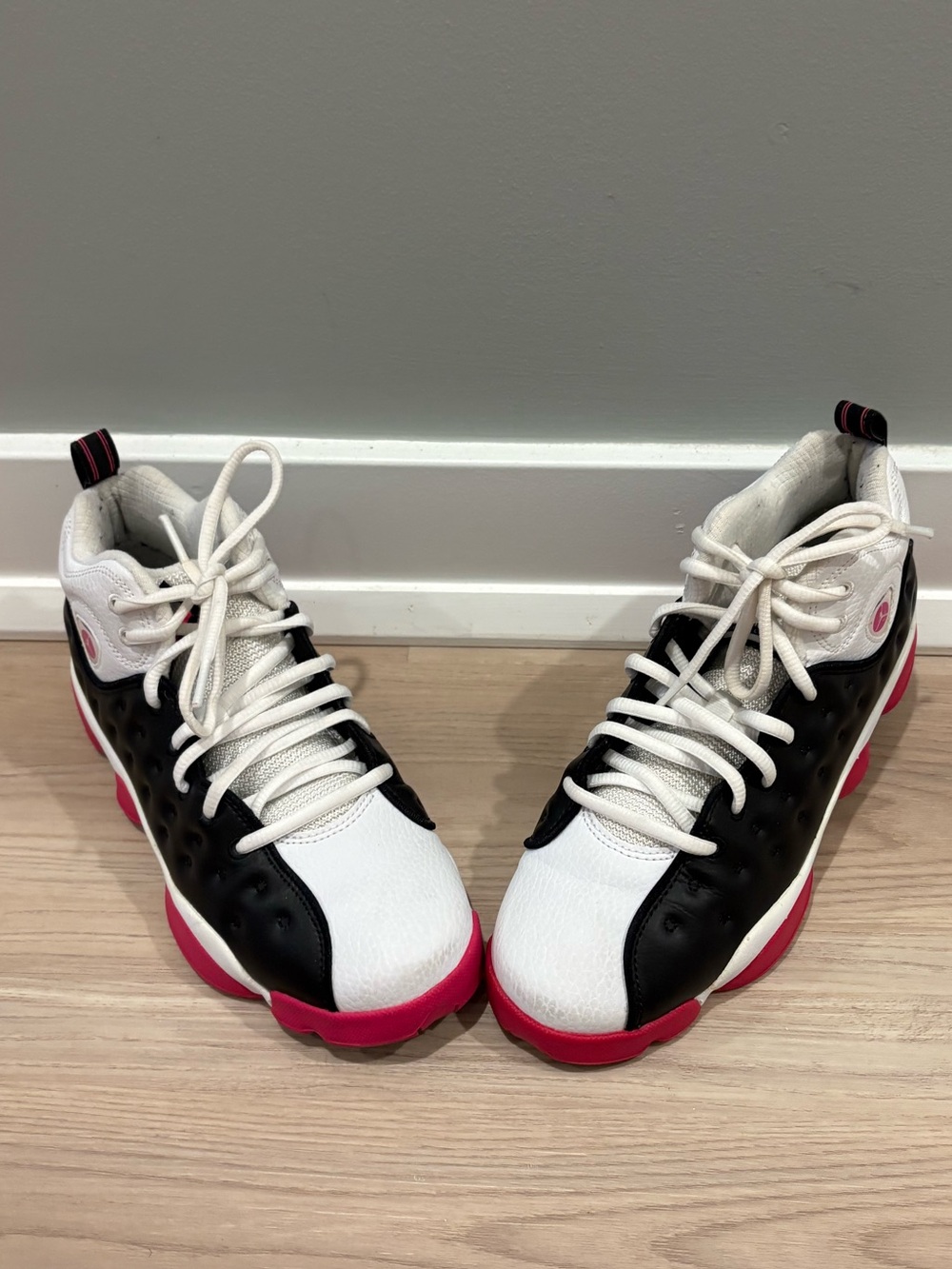 Jordan Kids High-Top Sneakers in White, Black & Pink